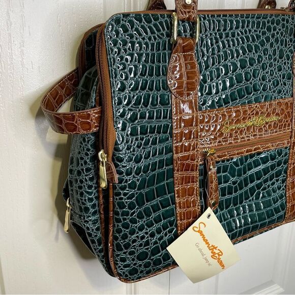 NWT Samantha Brown Croc Embossed Perfect Tote Travel Bag Green and Brown - Picture 2 of 11